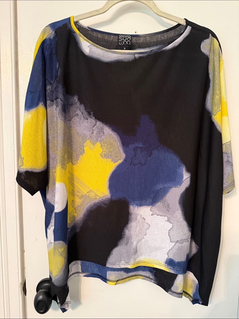 Clara Sun Woo Black Short Sleeve Tunic with Yellow & Blue Abstract Print